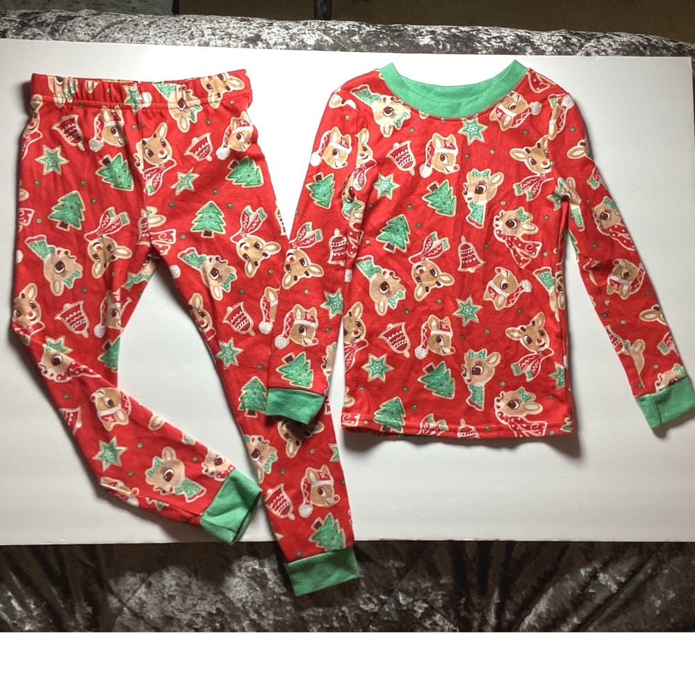 Rudolph the Red-Nosed Reindeer Pajama Set Size 4T Red/Green EUC